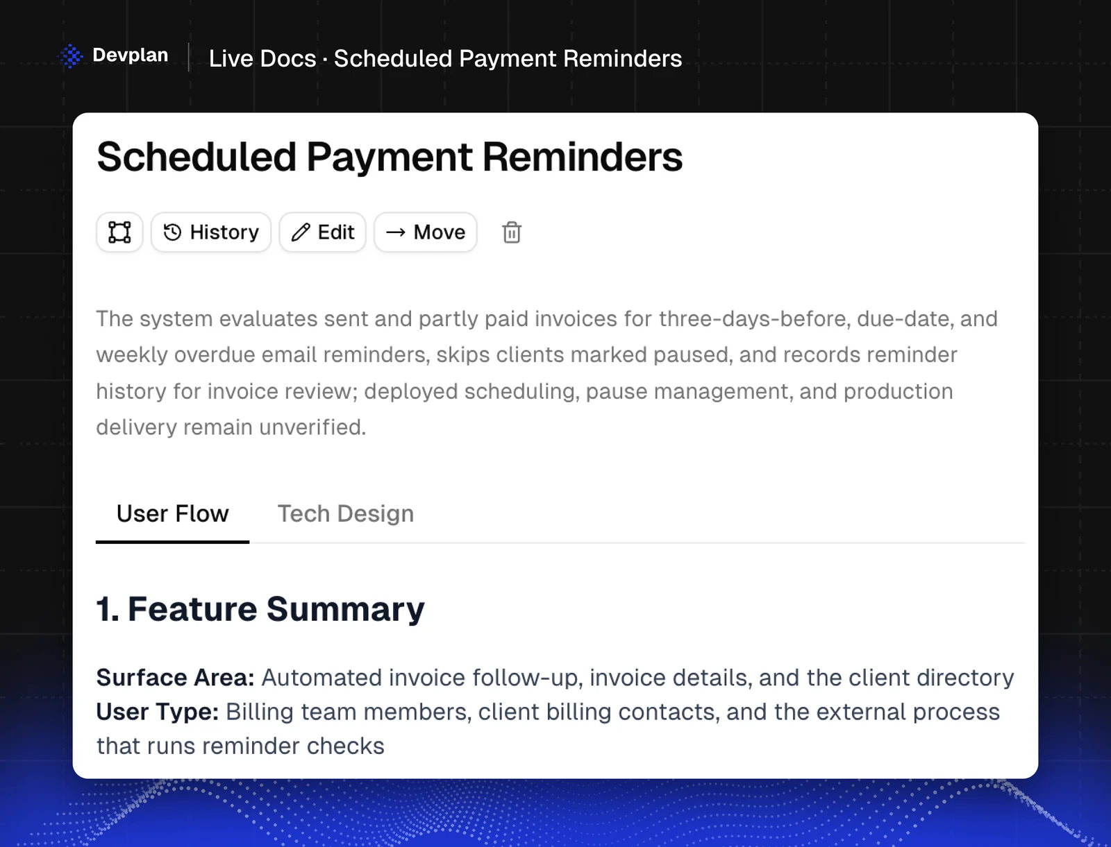 The top of the Scheduled Payment Reminders page in Devplan Live Docs, with its one-sentence summary, the User Flow and Tech Design tabs and the Feature Summary